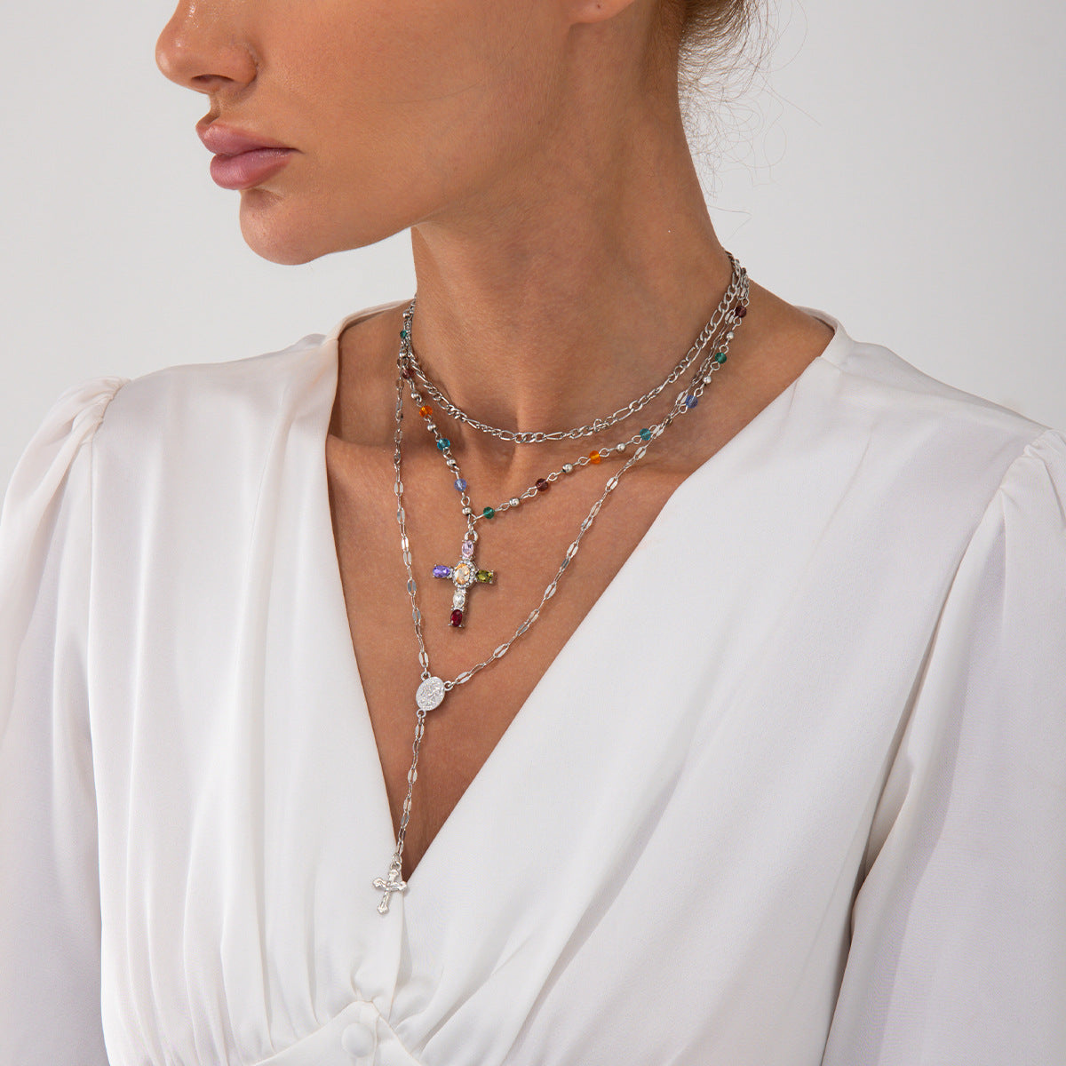 Wholesale Cross Colored Crystal Stacking Necklace